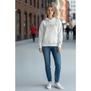 VTG Champion White XS Reverse Weave Red Blue Yellow Embroidered Letters Hoodie